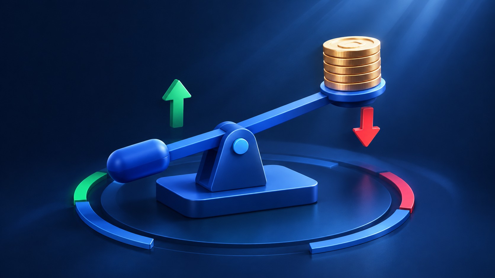 Precision lever lifting a stack of coins clean minimal composition