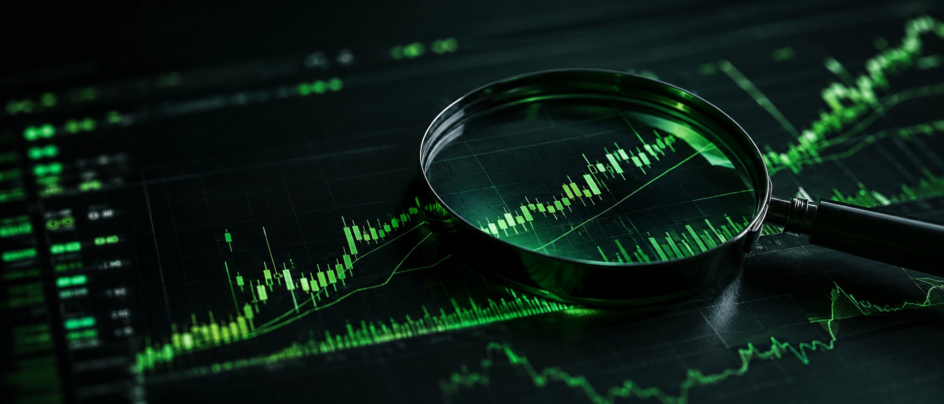 Magnifying glass over a detailed stock chart